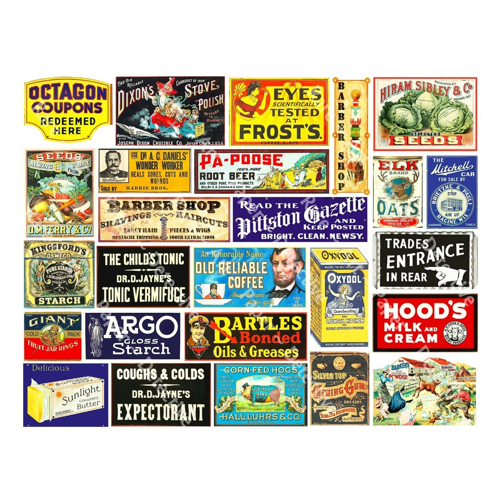 Vintage Advertising Signs, 2 Cut & Peel Sticker Sheets, 49 Reproductions
