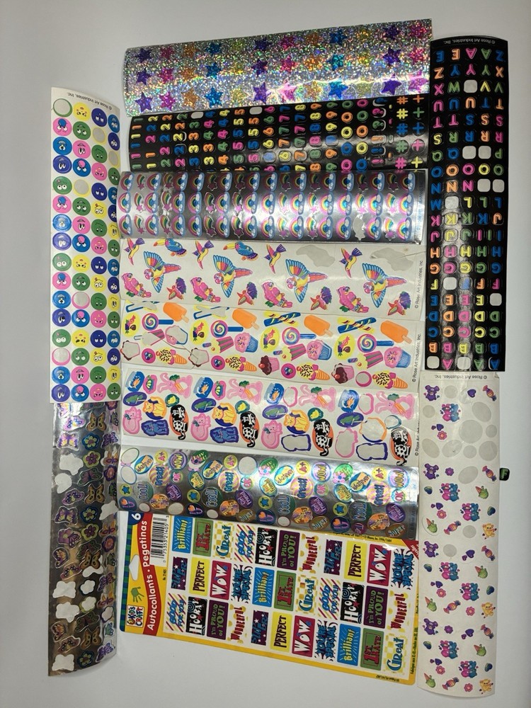 vintage stickers 90s lot Rose Art Metallic Animals Food Rainbows Smiley Faces #s