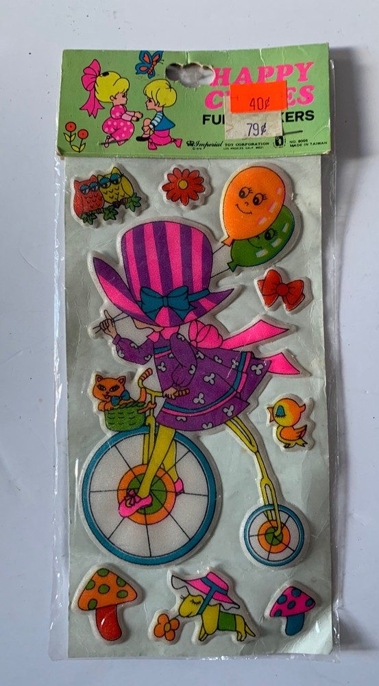 Imperial Toy Puffy Stickers Happy Cuties Little Girls Vintage Mushrooms Bicycle