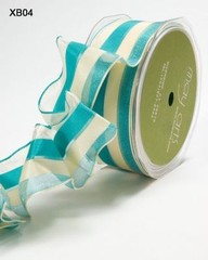 MAY ARTS RIBBONS~SHEER STRIPE~TURQUOISE & IVORY~WIRE EDGE~1.5 INCH X 1 YARD!