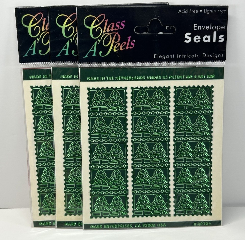 Class A Peels Stickers GREEN CHRISTMAS TREE SEALS / STICKERS 3 Packs CHRISTMAS