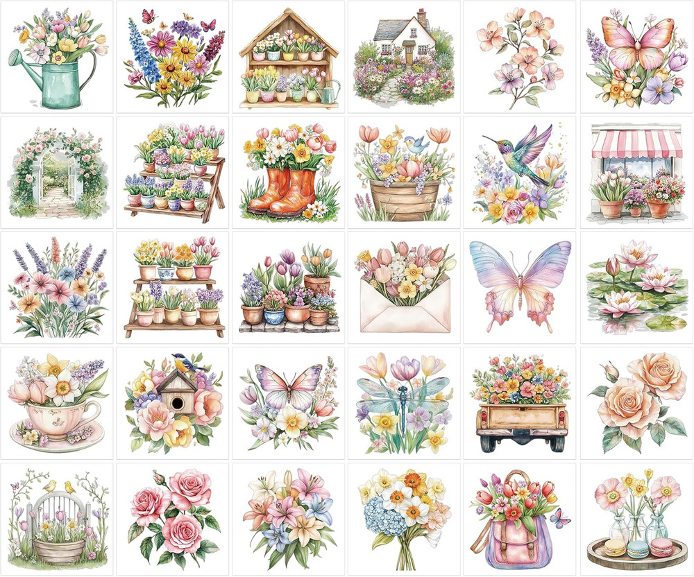 Spring Rub on Transfers for Crafts, 30 Pcs Watercolor Garden Floral Iod Transfer