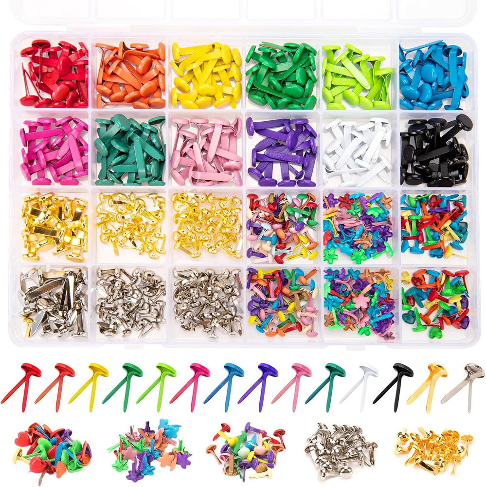 510Pcs Brads for Paper Crafts, 14 Colors and 5 Styles Metal Brass Brads Paper Fa