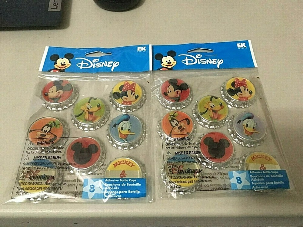 Lot of 2 ~ DISNEY Mickey Minnie Pluto Goofy Donald ADHESIVE BOTTLE CAP STICKERS