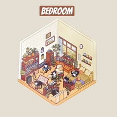 4 (3D) 8.7 x 5.8 Isometric Rooms. Study, Kitchen, Bedroom, and Field.