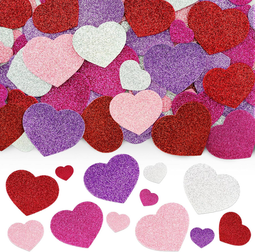 360Pcs Heart Stickers – Colorful Glitter Foam Hearts Shape Stickers for Reward S