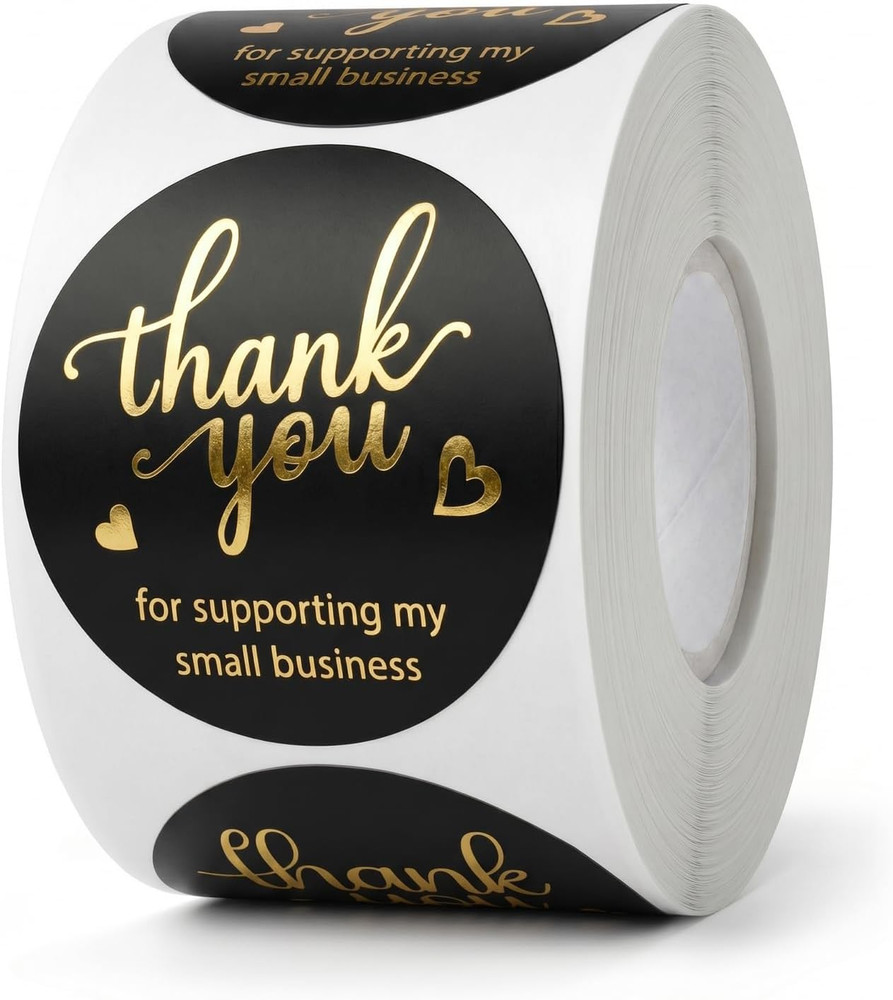 500Pcs Black Thank You Stickers Roll – 4 Gold Foil Font Designs, 1.5 Inch Thank