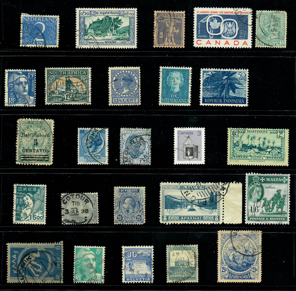 25 Blue Teal Indigo Worldwide Used Stamps Color Lot — Crafts Art (WM249)