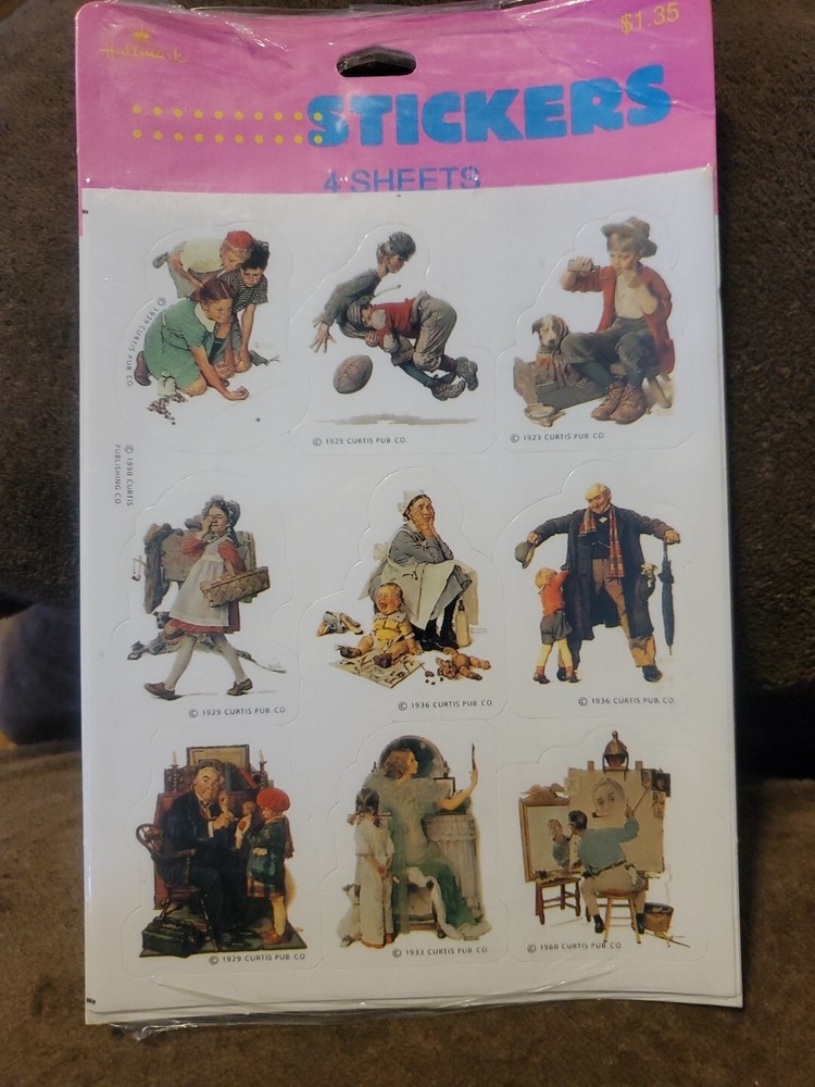 Vintage NORMAN ROCKWELL Sticker 4 Sheet Pack CURTIS Publishing Co Hallmark 1990