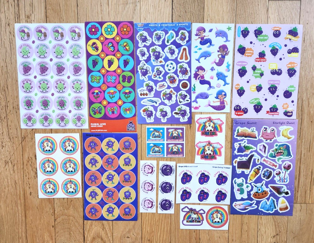 176 GRAPE SNIFF STICKERS Candy UNICORNS Flowers DESSERT Rainbow Unicorns MERMAID