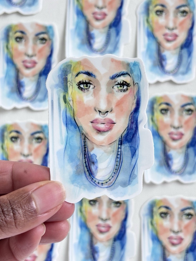 Sticker, Woman, Girl, Lady, Blue, Mini Art Painting, Abstract, A Painted Page