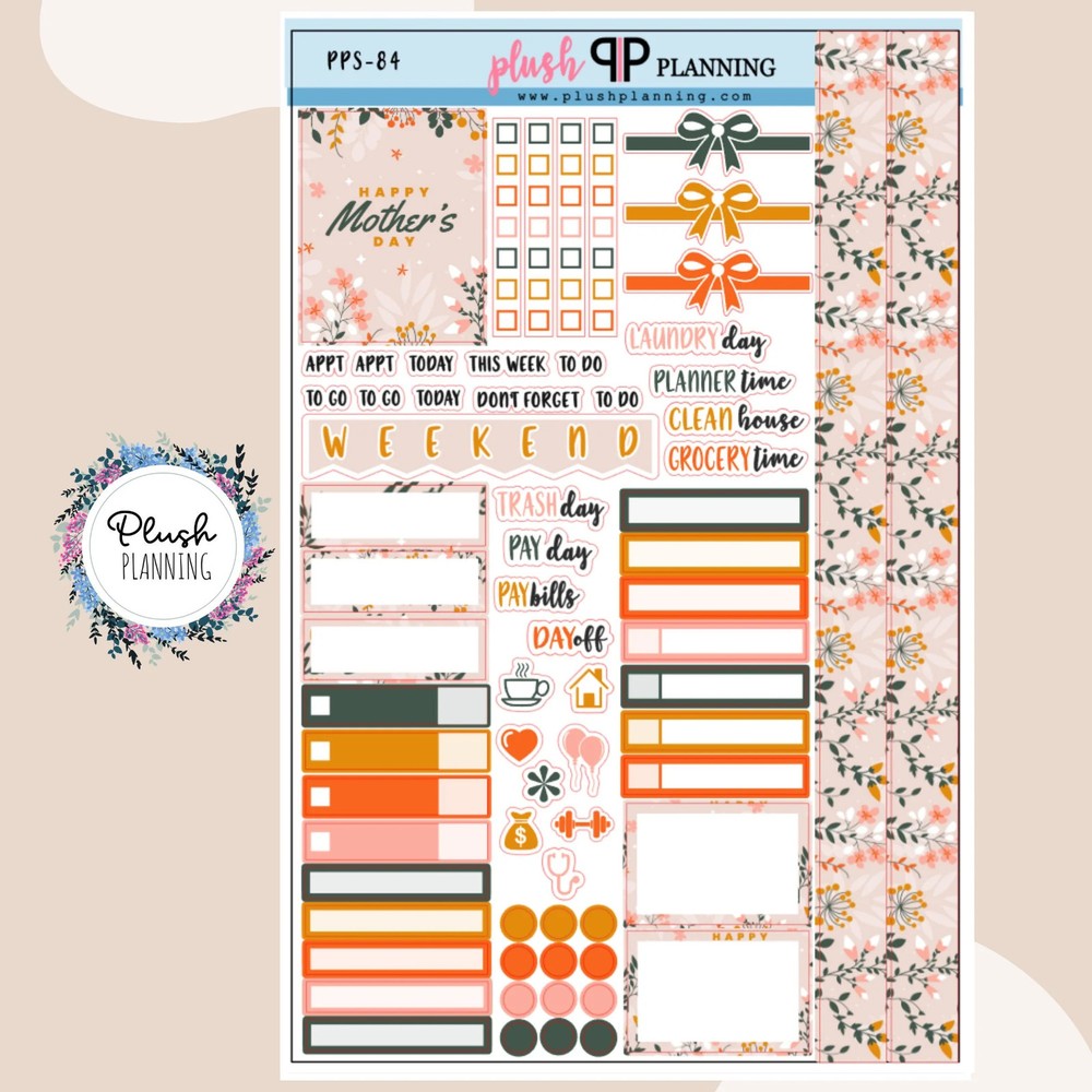 Neutral Mother’s Day Floral Sampler Planner Stickers, Neutral Floral Pattern