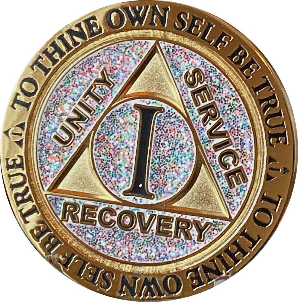 1 Year AA Medallion Reflex Birthday Funfetti Silver Glitter Gold Plated Chip