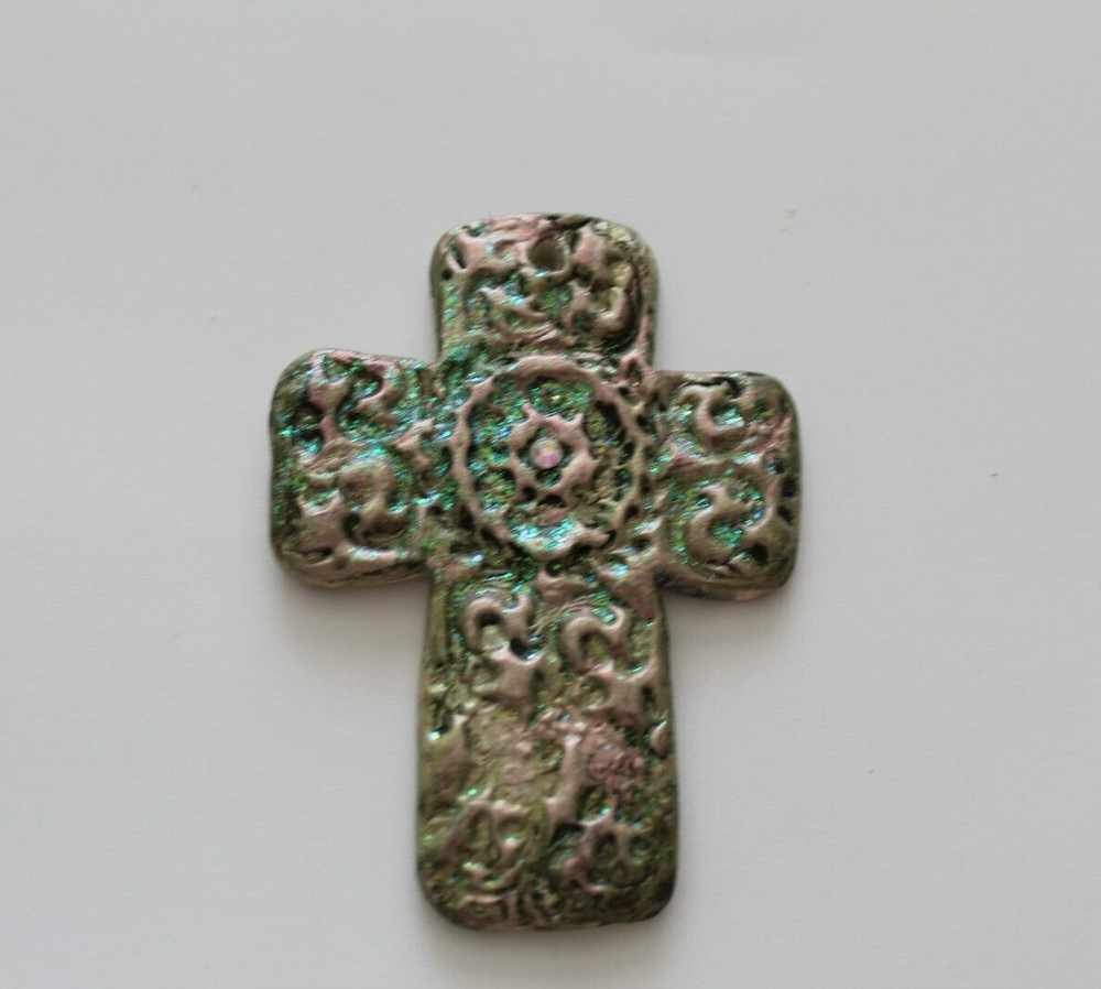 Cross – Handmade Pinkish Ceramic Cross with Pink Rhinestone, and Glitter #3