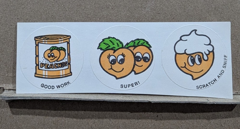 Vintage Matte CTP Peach Scratch & Sniff Sticker Strip of 3