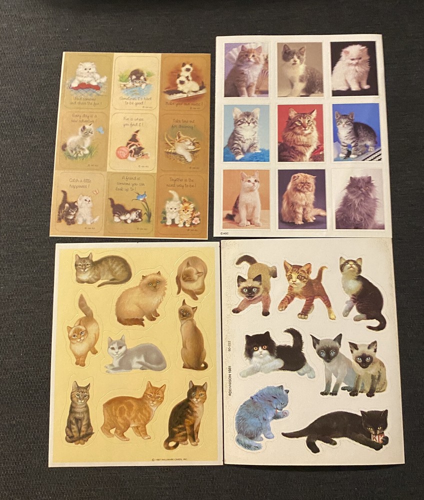 Lot Of 4 Vintage Cat Sticker Sheets Hallmark AGC Dennison Loose Complete Kittens