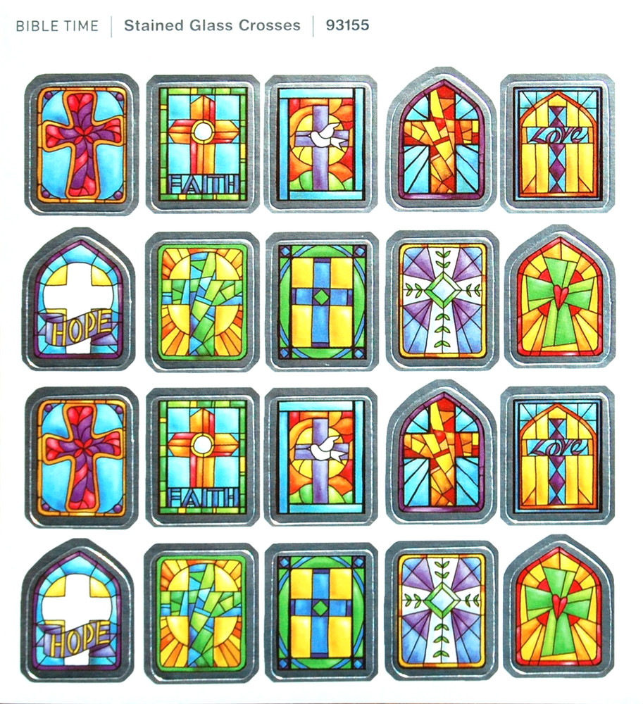 3/4″ 20 STAINED GLASS CHRISTIAN CROSS FOIL STICKERS SEALS 4″X4 3/8″ Sheet
