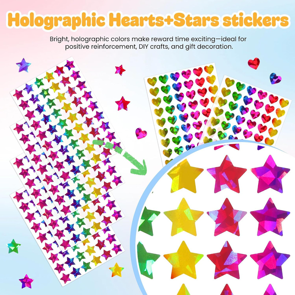 1710 Holographic Star and Heart Stickers 0.6″, Self-Adhesive for Kids Rewards…