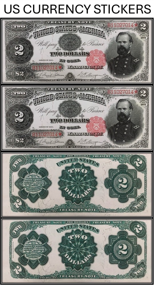 $2 Two Dollar 1891 Treasury Note (US CURRENCY STICKERS) (Lot Of 2)