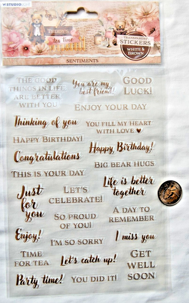 sentiments transparent stickers brown white hugs happy birthday thinking of you