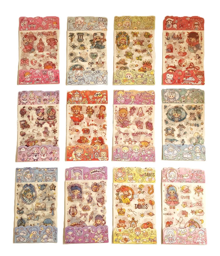 Kawaii Cartoon Cute Girl Zodiac Transparent Stickers – 48 sheets