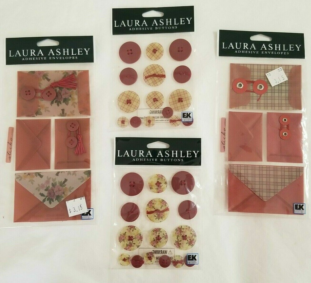 NEW Lot 4 Laura Ashley Adhesive Buttons Envelopes Maroon Floral Plaid -E