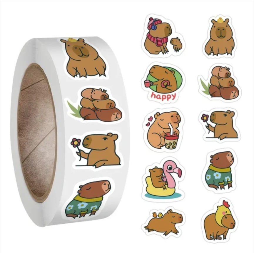 500 pcs Sticker Seals Roll Animal Cartoon Capybara Semi Gloss Self Adhesive