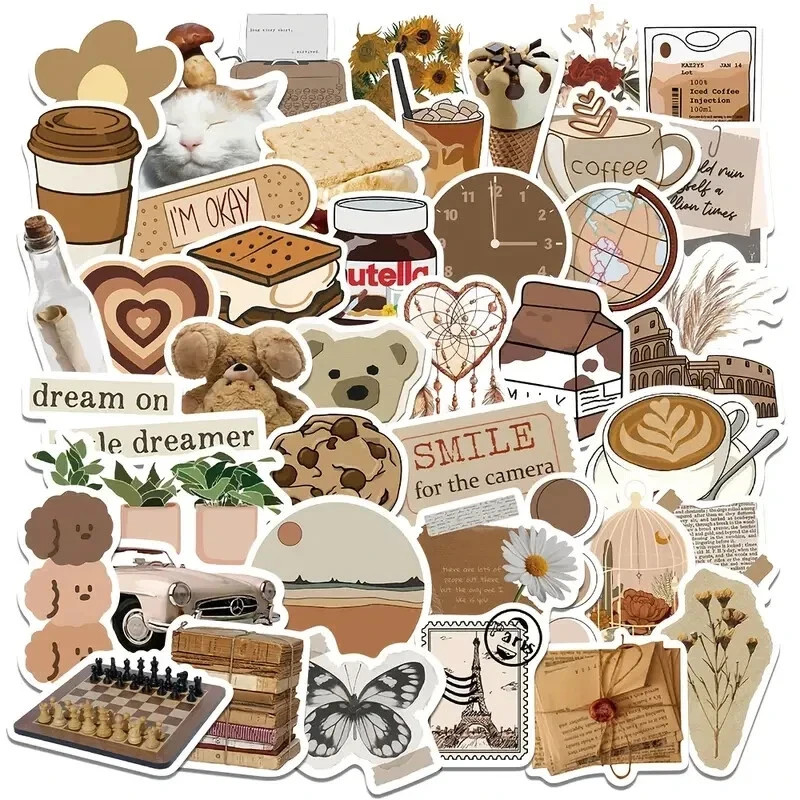 60pc Cute Aesthetic Brown Girly Sticker Lot Laptop, Scrapbook, Journaling, Craft