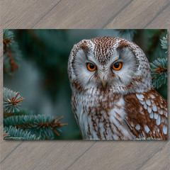 STICKER Owl Pine Forest Winter Branches Orange Eyes Woodland Rustic Wildlife
