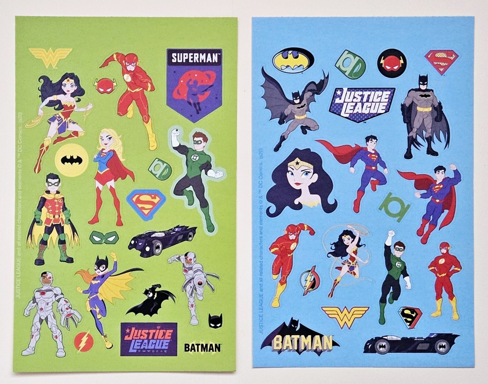 Justice League /Batman, Superman, Wonder Women… Stickers sheets. Lot Of 2.