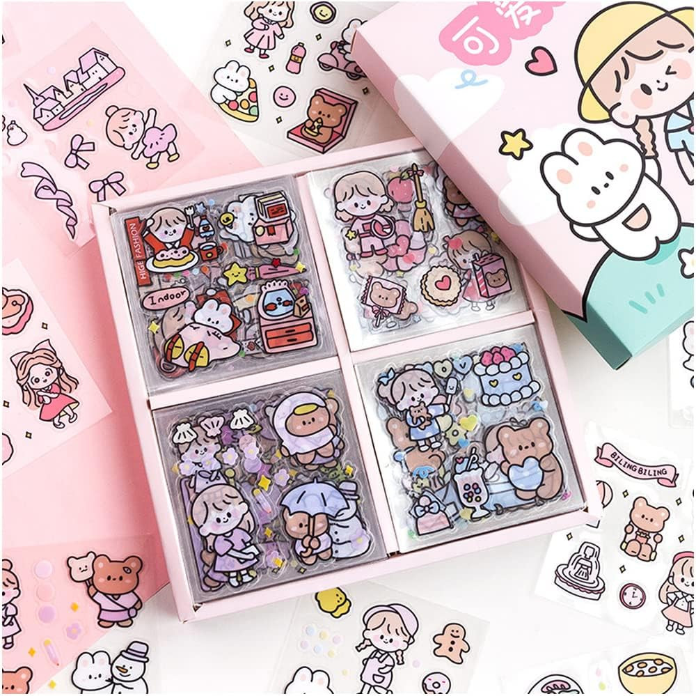 Kawaii Stickers Set (100 Sheets) – Cute PET Transparent Cartoon Animal Flower De