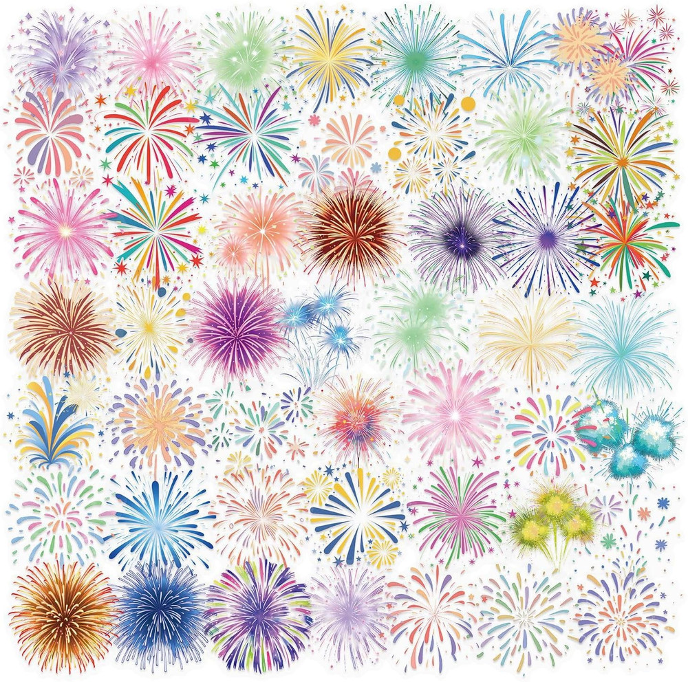 50PCS Transparent Watercolor Fireworks Sticker,Cute Colorful Burst Patterns Stic