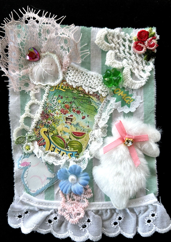 #6 Art Collage Snippet Cluster Seeds Girl White Bunny Crochet Lace Handmad Album
