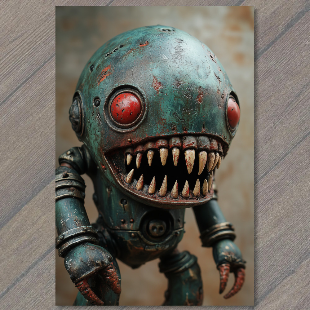 STICKER Monster Robot With Red Eyes Sharp Teeth Rusted Blue Green Metal