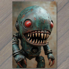 STICKER Monster Robot With Red Eyes Sharp Teeth Rusted Blue Green Metal