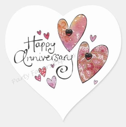 HAPPY ANNIVERSARY ENVELOPE SEALS LABELS STICKERS PARTY FAVORS – (Heart Shaped)