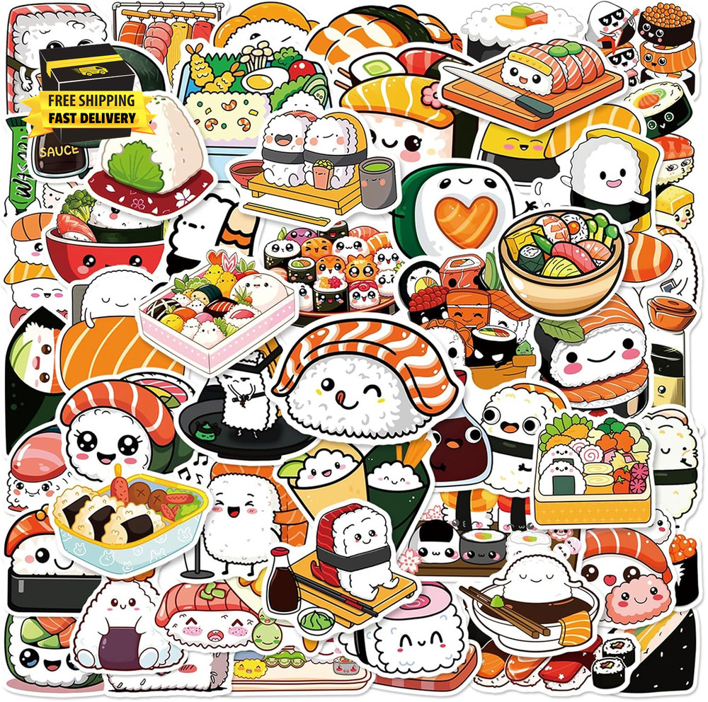 50 Pcs Kawaii Japanese Food Sticker Cute Sushi Roll Rice Stickers Waterproof Vin