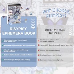 RISYPISY Pre-Cut Vintage Ephemera Washi Scrapbook Sticker Book for Blue