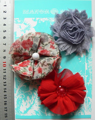 RED, GREY & Floral Mix Organza 3 Flowers – 2 with Centres 60-70mm Manor House