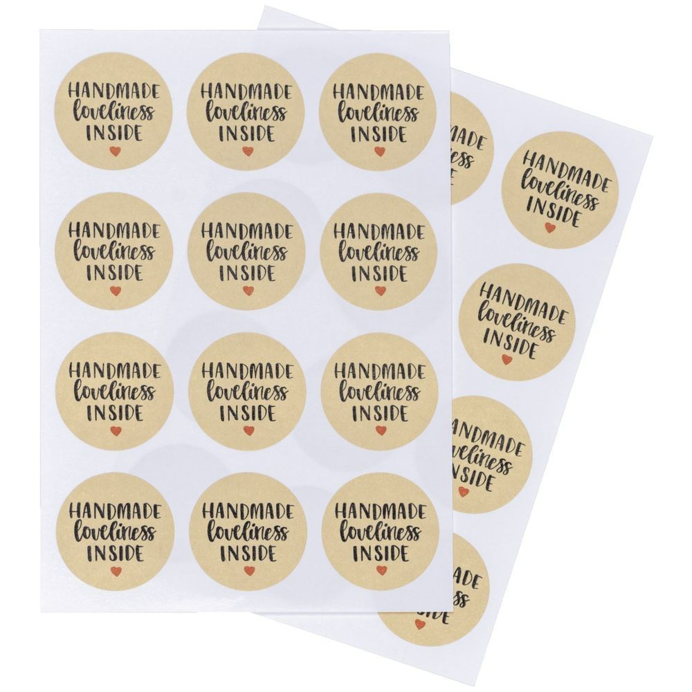 Market Stall Labels «Handmade Loveliness Inside» Stickers Brown Heart 24 Pack