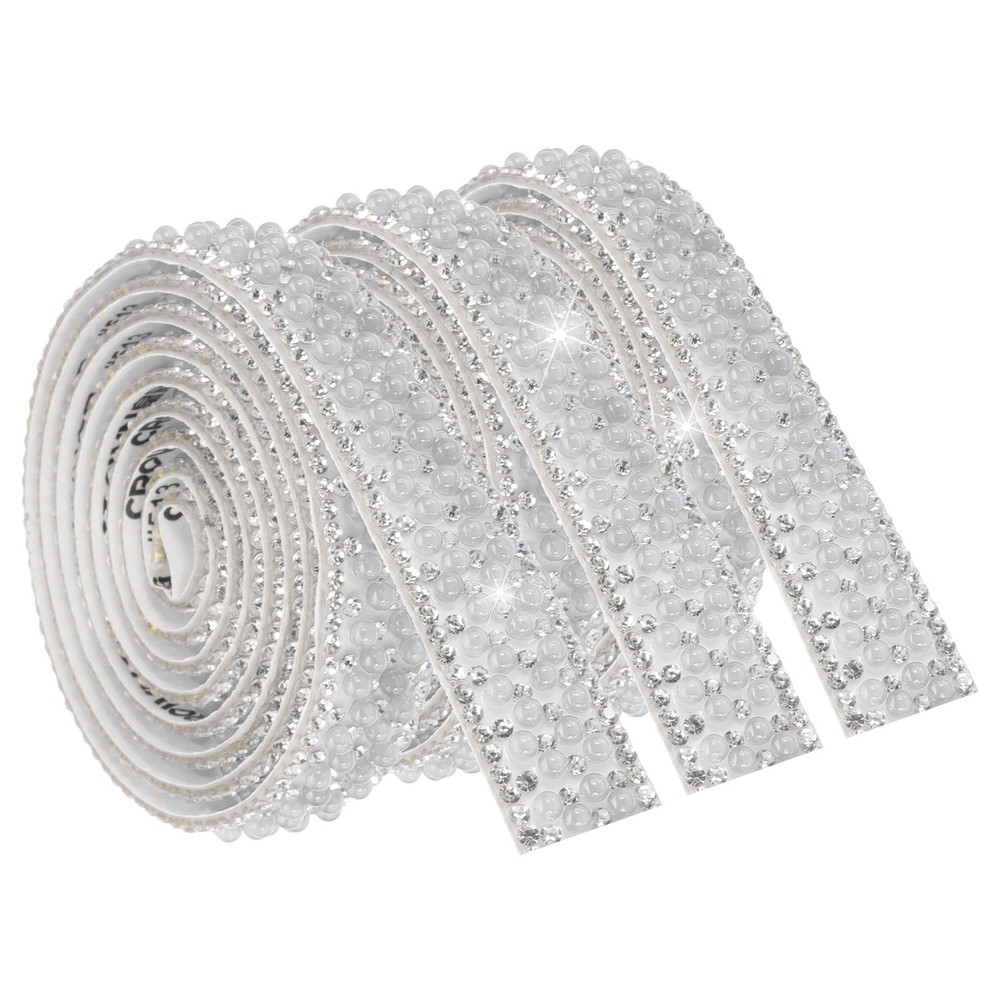 3 Pcs 3 Yard Pearl Rhinestone Ribbons, 1.5cm Pearls Rhinestone Tape White
