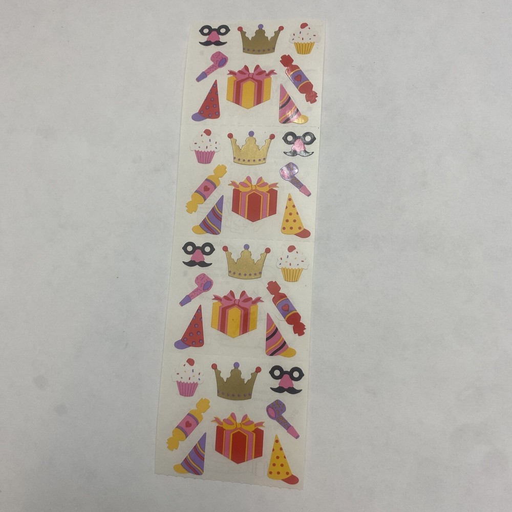 Mrs Grossman’s VtgStickers Birthday Party Stuff Hat Crown Horn Presents-1 Sheet