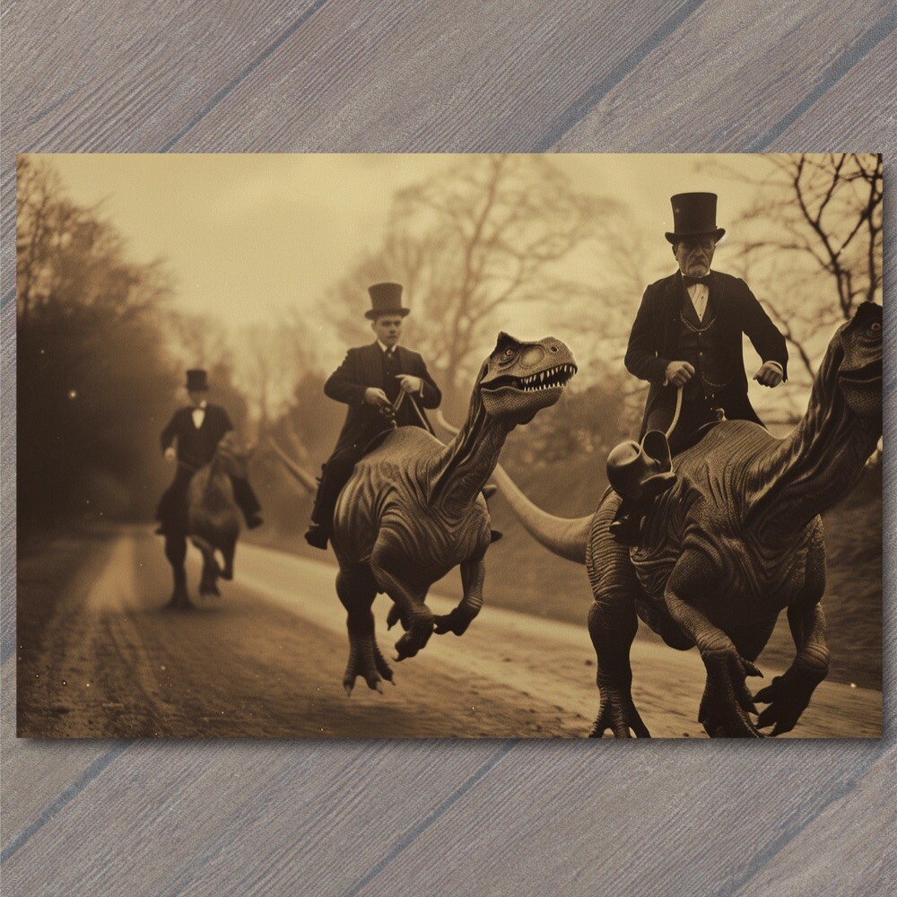 STICKER Dinosaur Riding Men Top Hat Old School Vibe Weird Strange Funny Raptor
