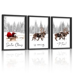 Set of 3 Framed Christmas Wall Art Farmhouse Santa Claus Is Coming To Town Wa…