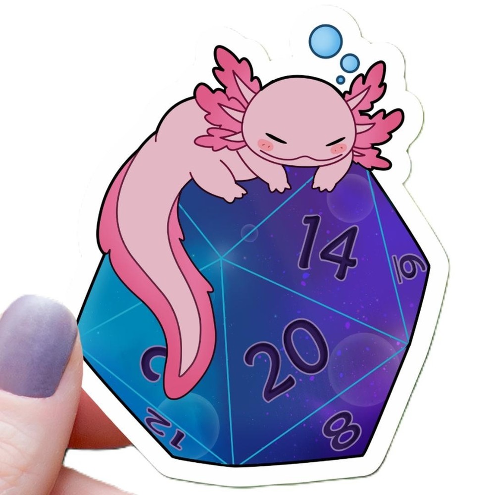Axolotl on Galaxy D20 Dice RPG Sticker – 3″ Waterproof Vinyl Decal