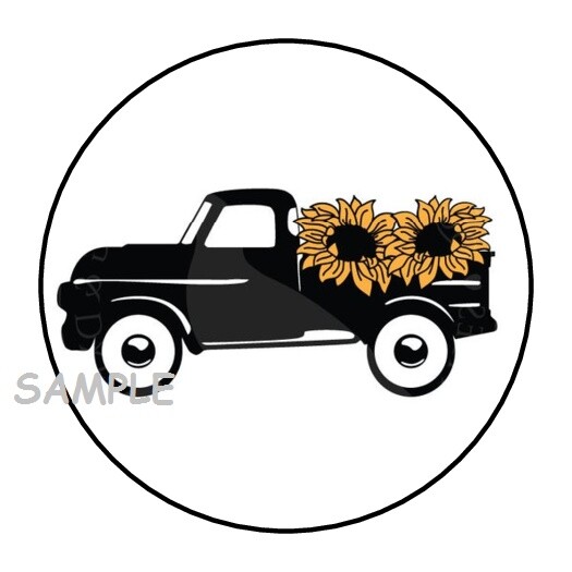 30 CLASSIC TRUCK WITH SUNFLOWERS ENVELOPE SEALS LABELS STICKERS 1.5″ ROUND