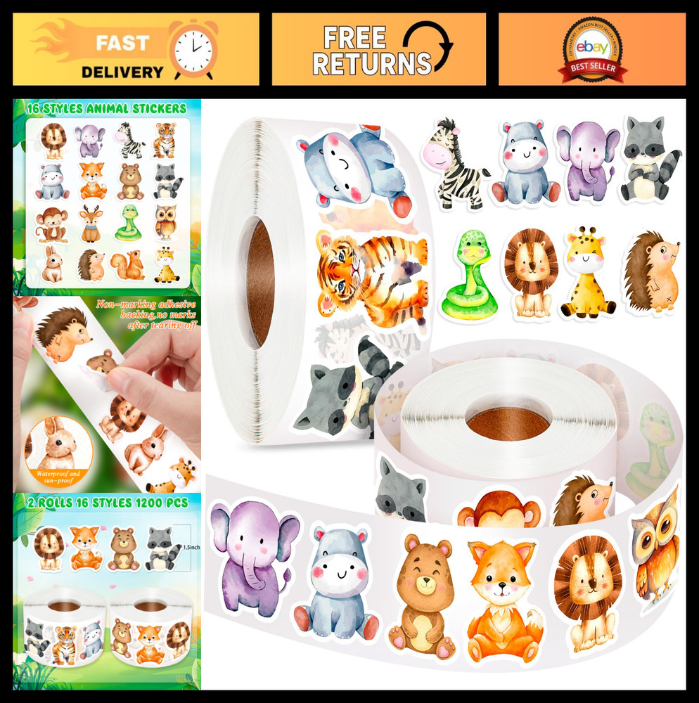 1200 Pcs Cute Baby Animal Stickers for Kids – Bulk Roll, 16 Fun Styles