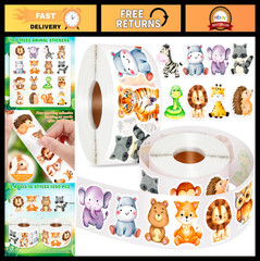 1200 Pcs Cute Baby Animal Stickers for Kids – Bulk Roll, 16 Fun Styles