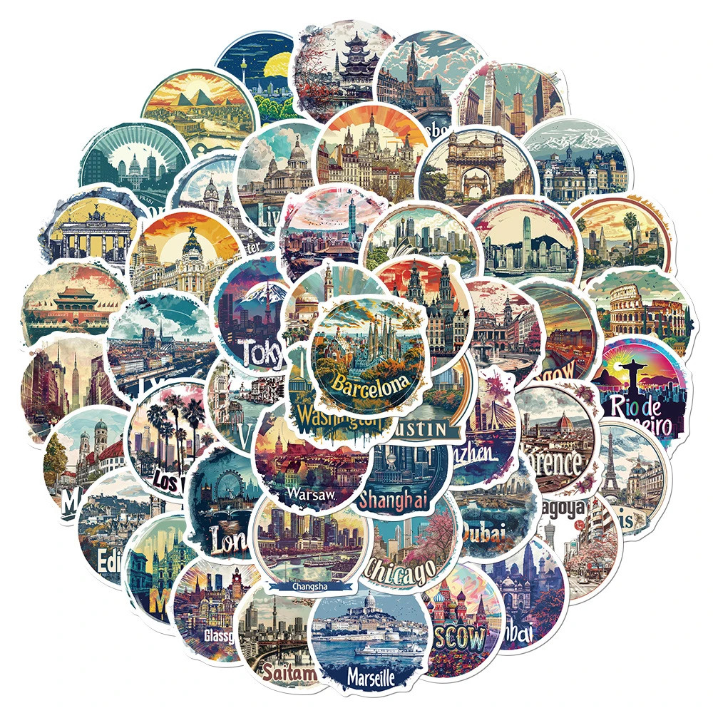 Travel City Famous Buildings Round Stickers Scrapbooking Card Journal Craft