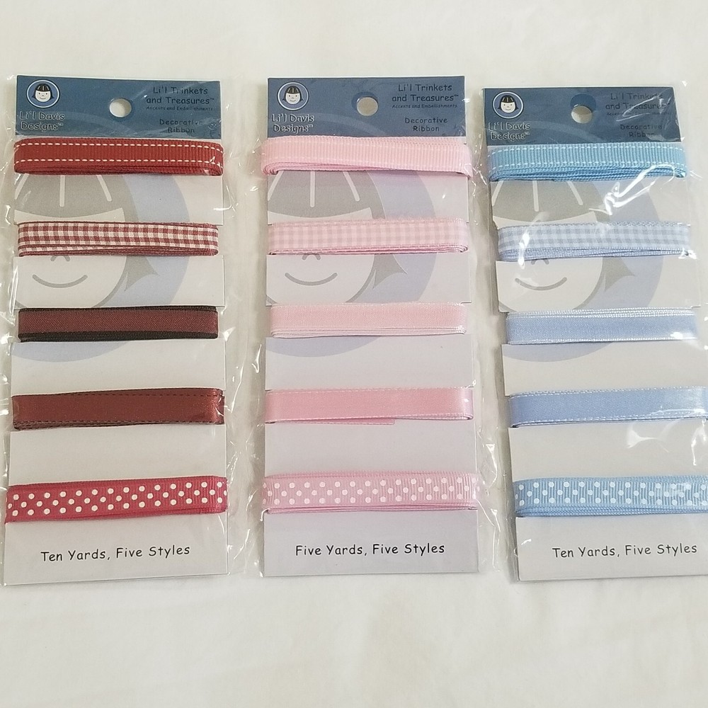 NEW Lot 3 Li’l Davis Designs Ribbon Gingham Polka Dot Solid Blue Pink Red -B